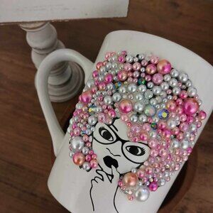 Handmade Rhinestone Glam Coffee/Tea Mug – Stylish Afro Blinged Girl With Glasses